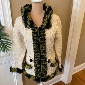 Native knit 100% wool handmade cardigan looped ruffles zip size small cottage